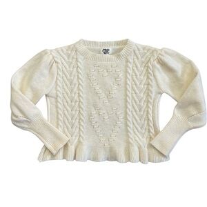 Cream Cable Knit Cropped Sweater Heart Detail Balloon Sleeve Ruffled Waist Small